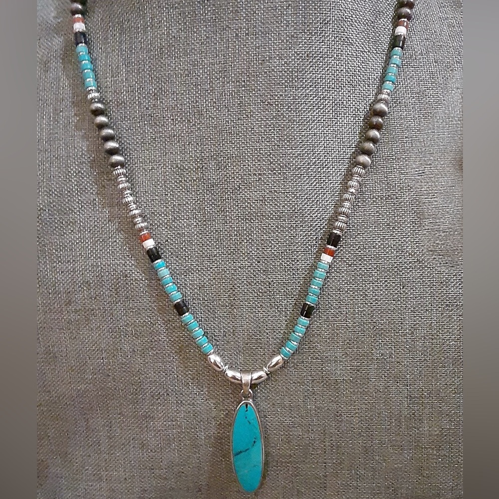 Vintage Sterling Silver Turquoise Onyx Desert Pearls Southwestern Necklace